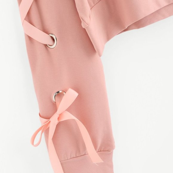 EYELET LACE UP SLEEVE CROP SWEATSHIRT - Picture 2 of 2